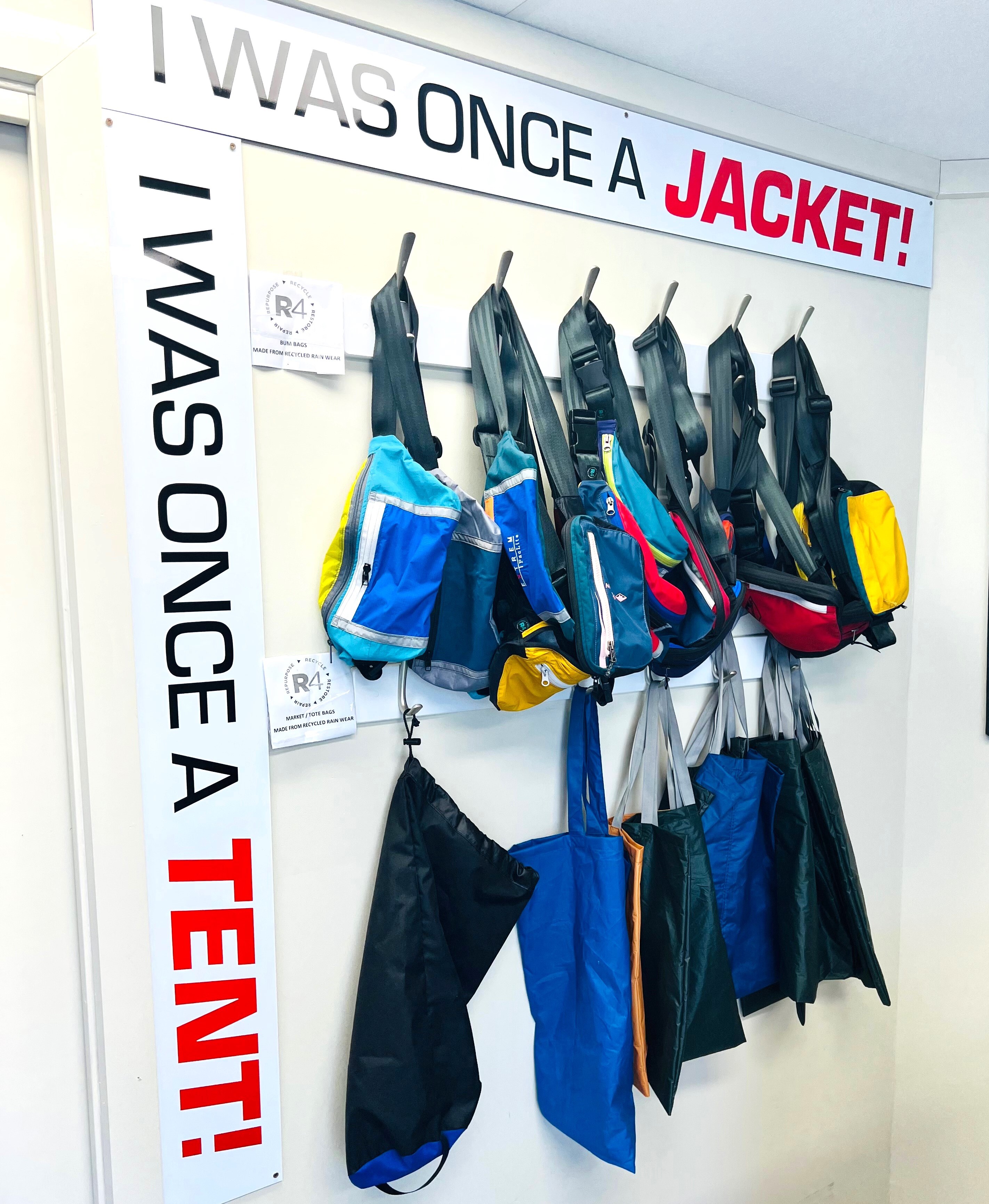 Bags manufactured from 100% discarded tents and jackets