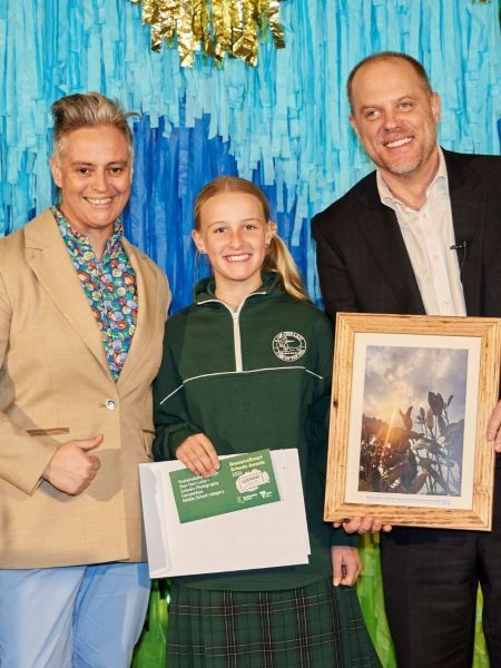 Geraldine Hickey, middle school competition winner Amara Gauld and Sustainability Victoria CEO Matt Genever.