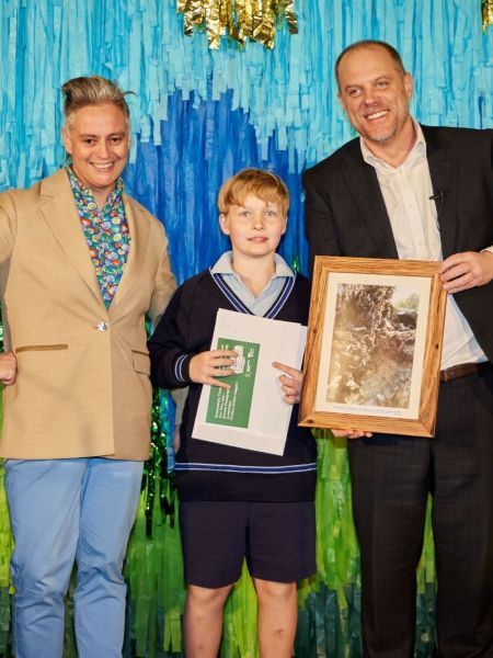 Geraldine Hickey, middle school competition winner Sam Watson and Sustainability Victoria CEO Matt Genever.
