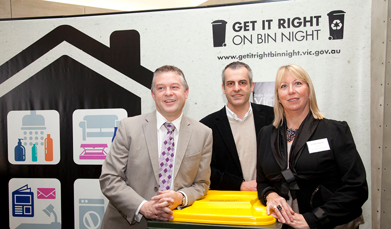 Launched in 2010, Get It Right on Bin Night was one of Sustainability Victoria’s earliest large-scale behaviour change campaigns. Then-CEO Stan Krpan is centre.