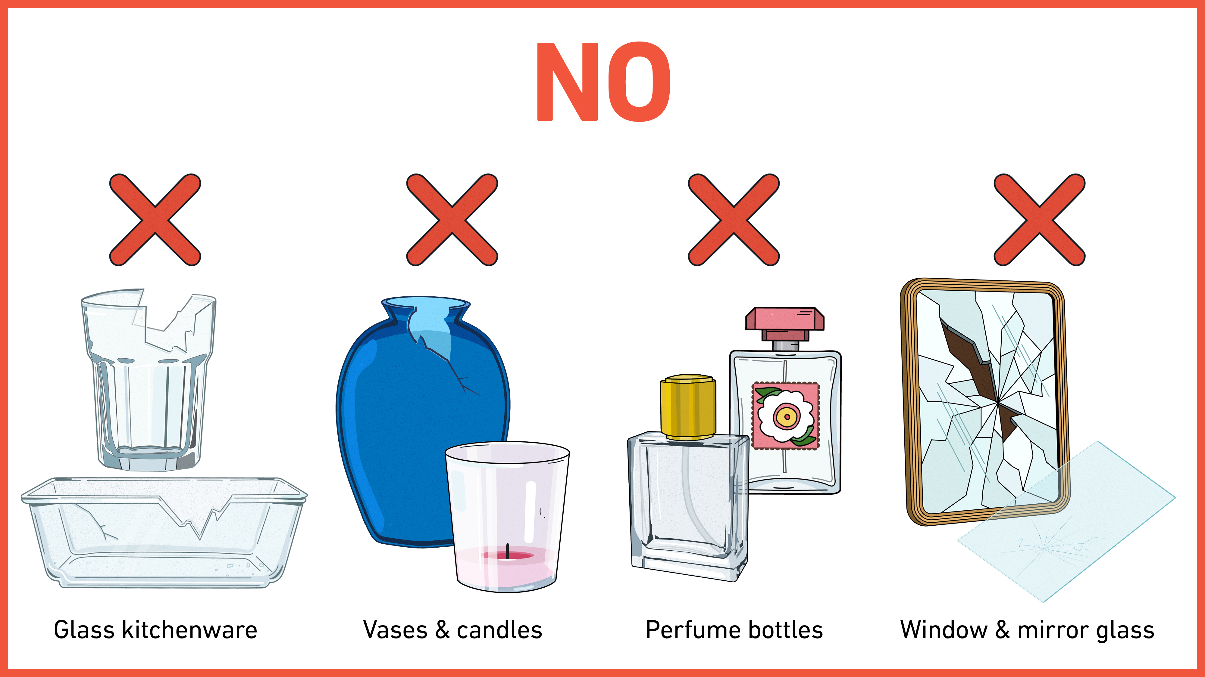 Glass items not accepted in household recyclng bins include glass kitchenware, vases and candles, perfume bottles, and window and mirror glass.