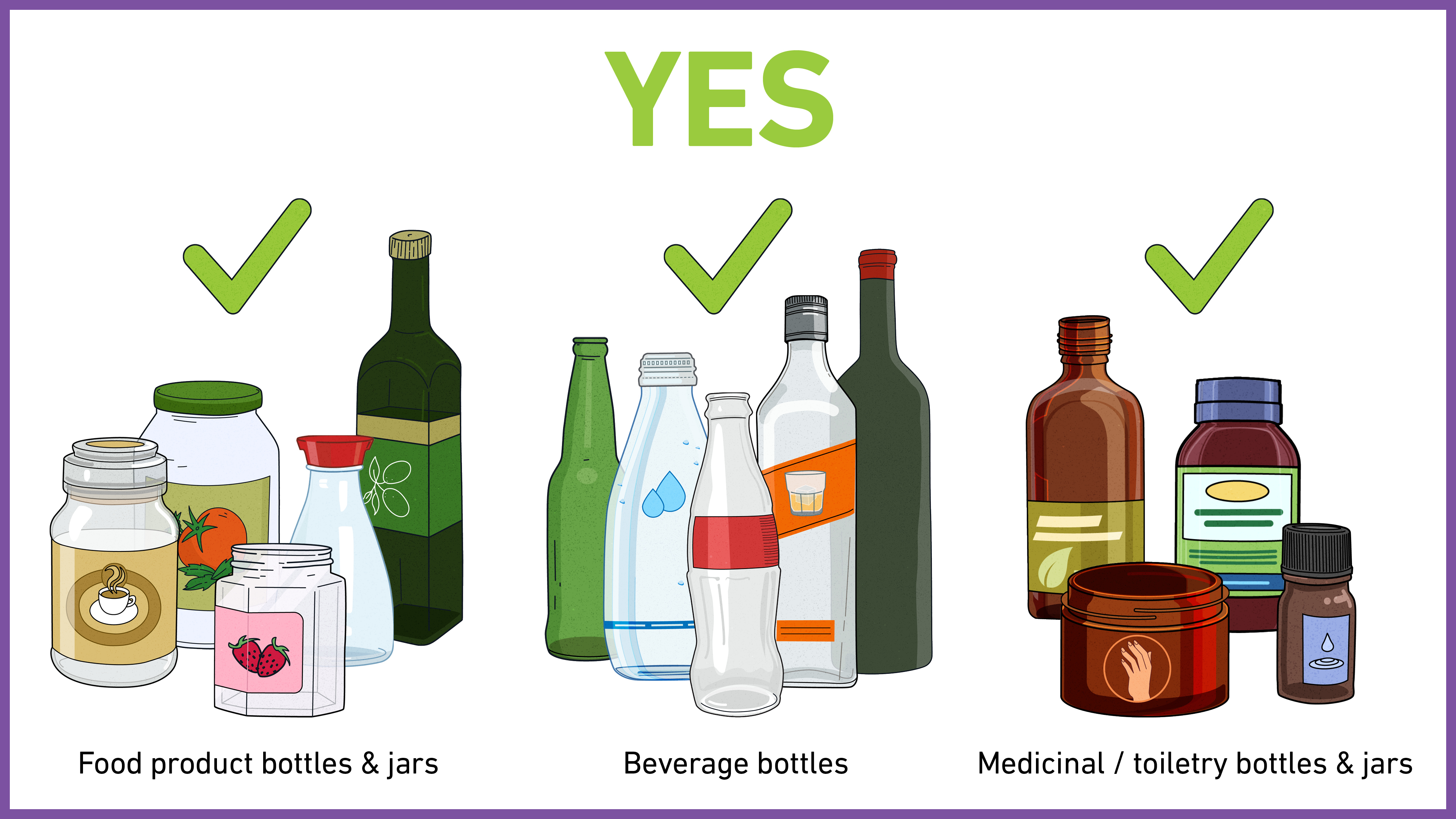 Glass items accepted in household recyclng bins include food product bottles and jars, beverage bottles, medicinal or toiletry bottles and jars.
